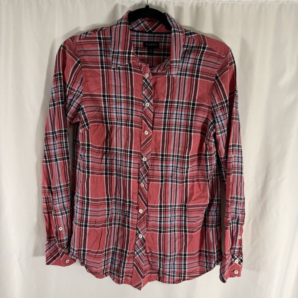 Talbots Blouse Women's Small Orange Plaid Button Up Long Sleeve Collared Cotton